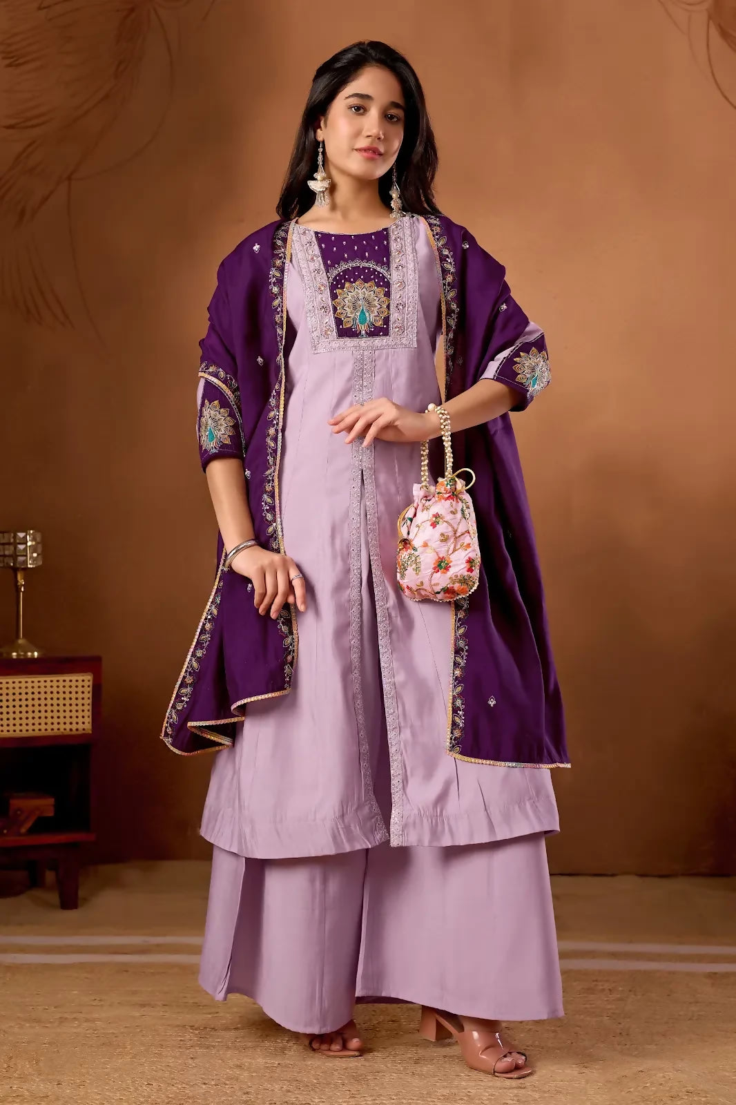Teeya Creation Lavender & Wine Embroidered Straight Kurti Palazzo Set with Dupatta - Dista
