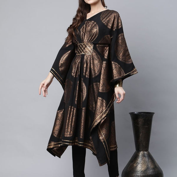 Ahalyaa Women Black Crepe Copper Foil Printed Flared Sleeve Kaftan Kurta - Distacart