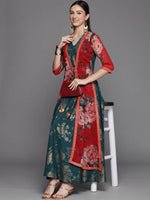Thumbnail for Ahalyaa Women's Green Crepe Gold Smoke Printed Dress - Distacart