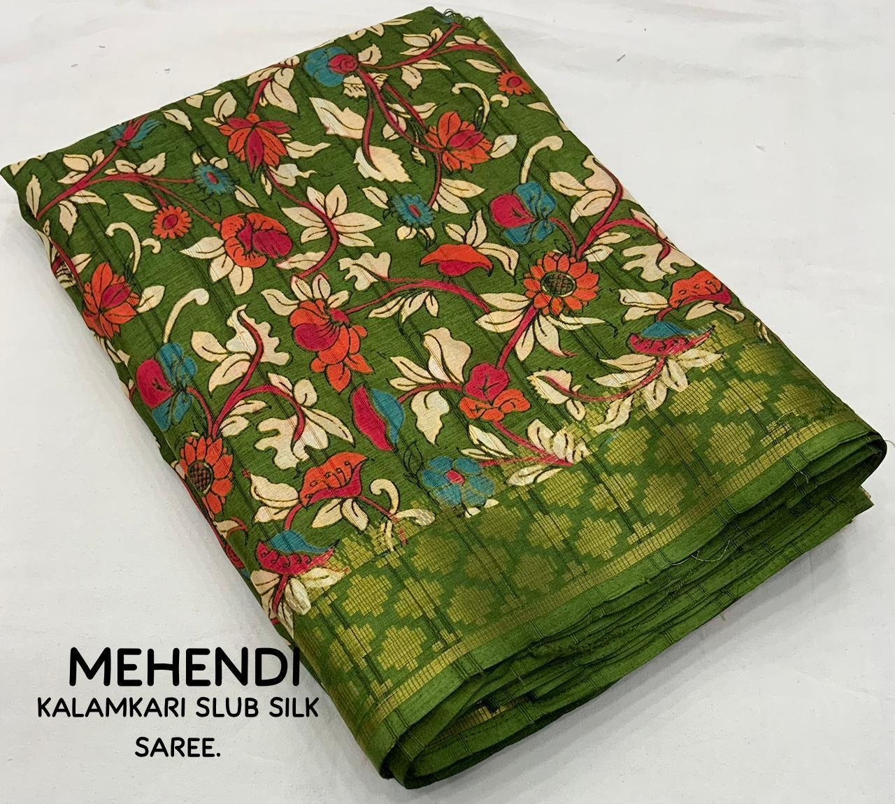Mehndi Slub Silk Printed Saree with Unstitched Blouse - Hiral Fashion - Distacart