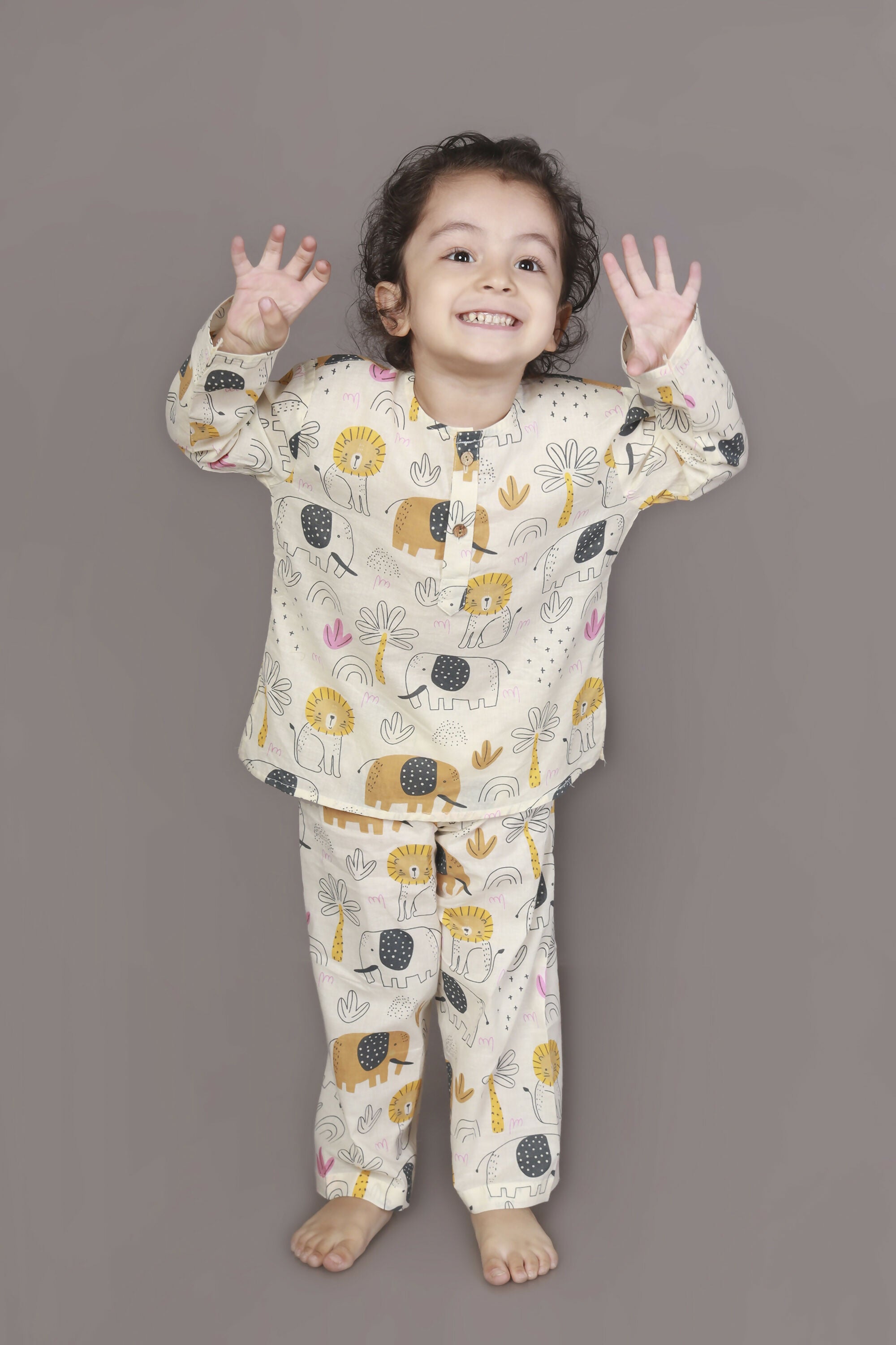 Breathables White Animal Print Cotton Nightsuit Set | Boys & Girls Kids Sleepwear - Dista