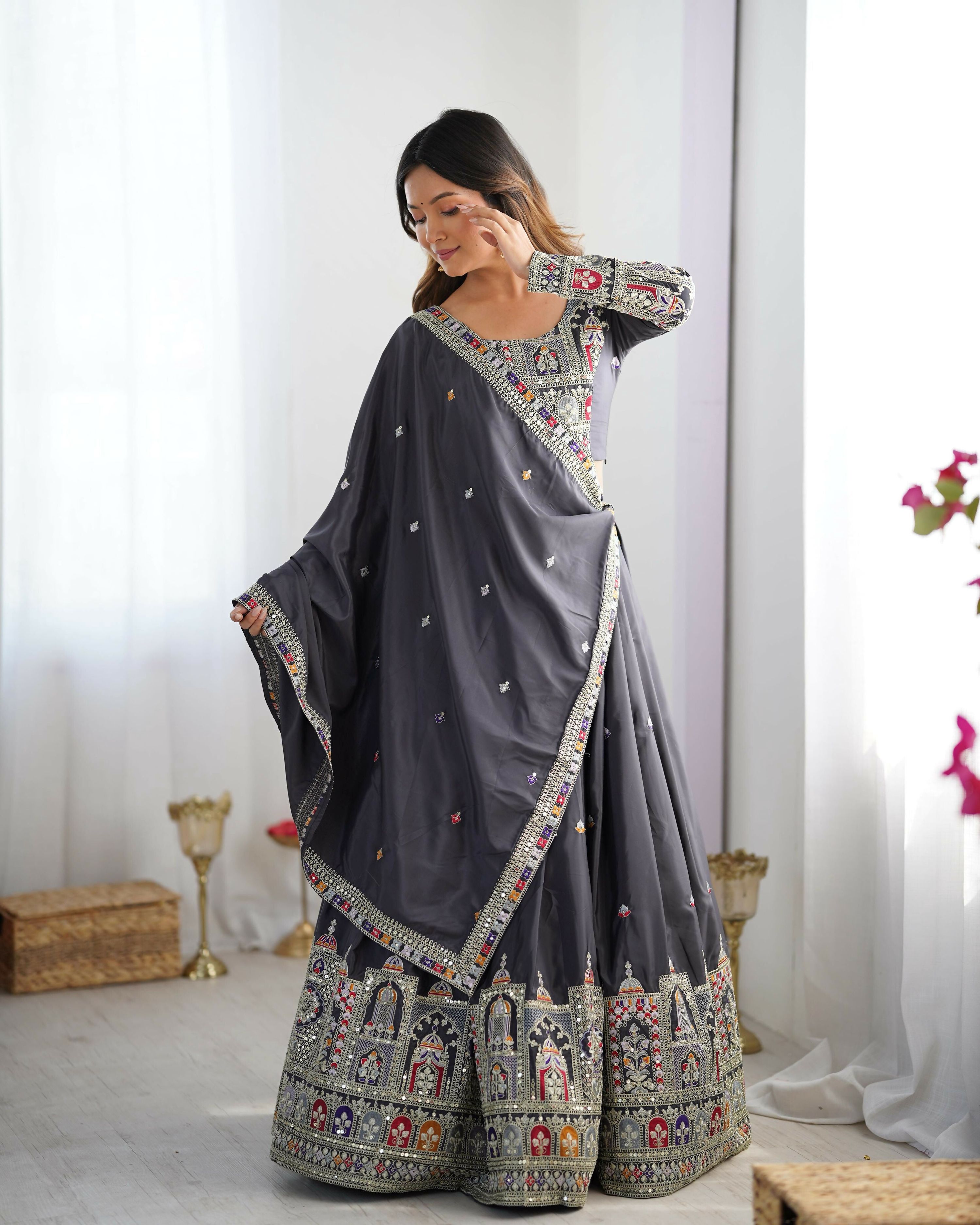 Joban Fashion Dark Grey Lehenga Crepe silk Coding Dori with Sequence with Rivet Moti