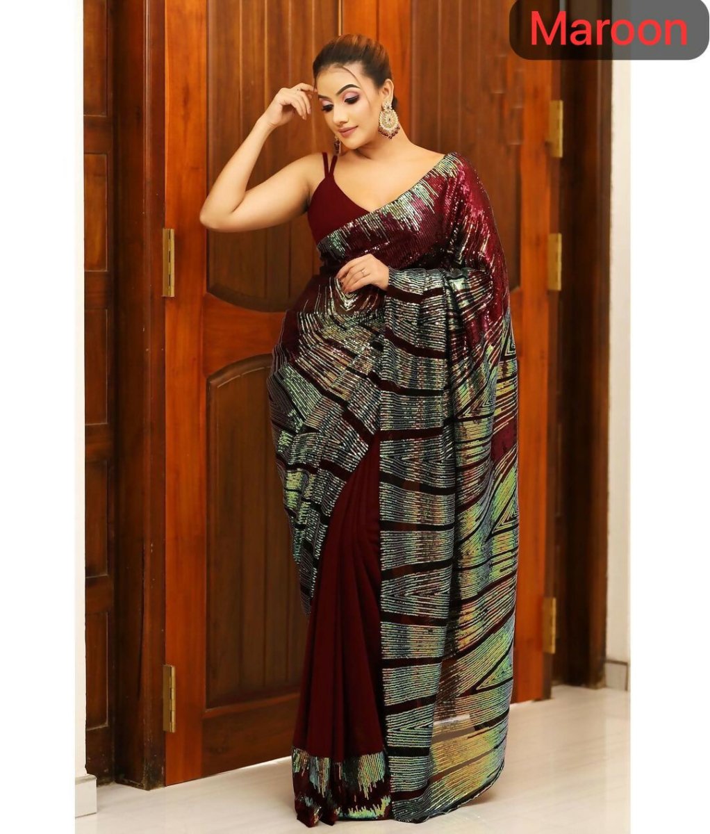 Arfa Fashion House Maroon Georgette Sequince Saree - Distacart