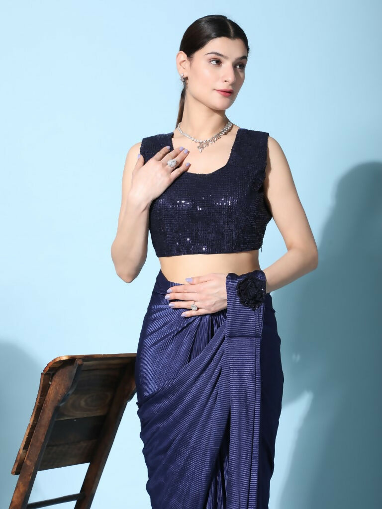 Blue Imported Crush Lycra Texture Pattern Ready to Wear Saree with stitched Blouse - Nirvana - Distacart