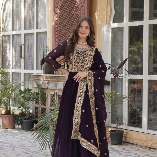 Joban Fashion Wine Georgette Sequence Embroidery Work Kurta Set - Distacart