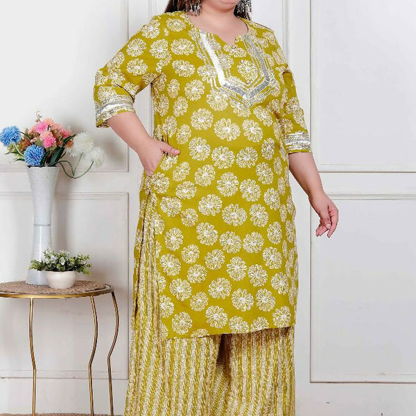 Miravan Plus Size Women'S Lime Yellow Block Printed Kurta With Palazzo