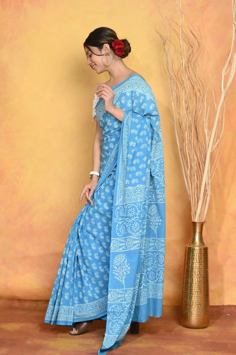 Very Much Indian Handblock Printed Cotton Saree With Natural Dyes - Sky Blue - Distacart