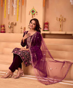 Thumbnail for Joban Fashion Purple Kurta Set Velvet Embroidery Sequence Work - Distacart