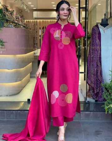 Teeya Creation Women Pink Geometric Embroidered Straight Kurta with Pants and Dupatta Set - Dista