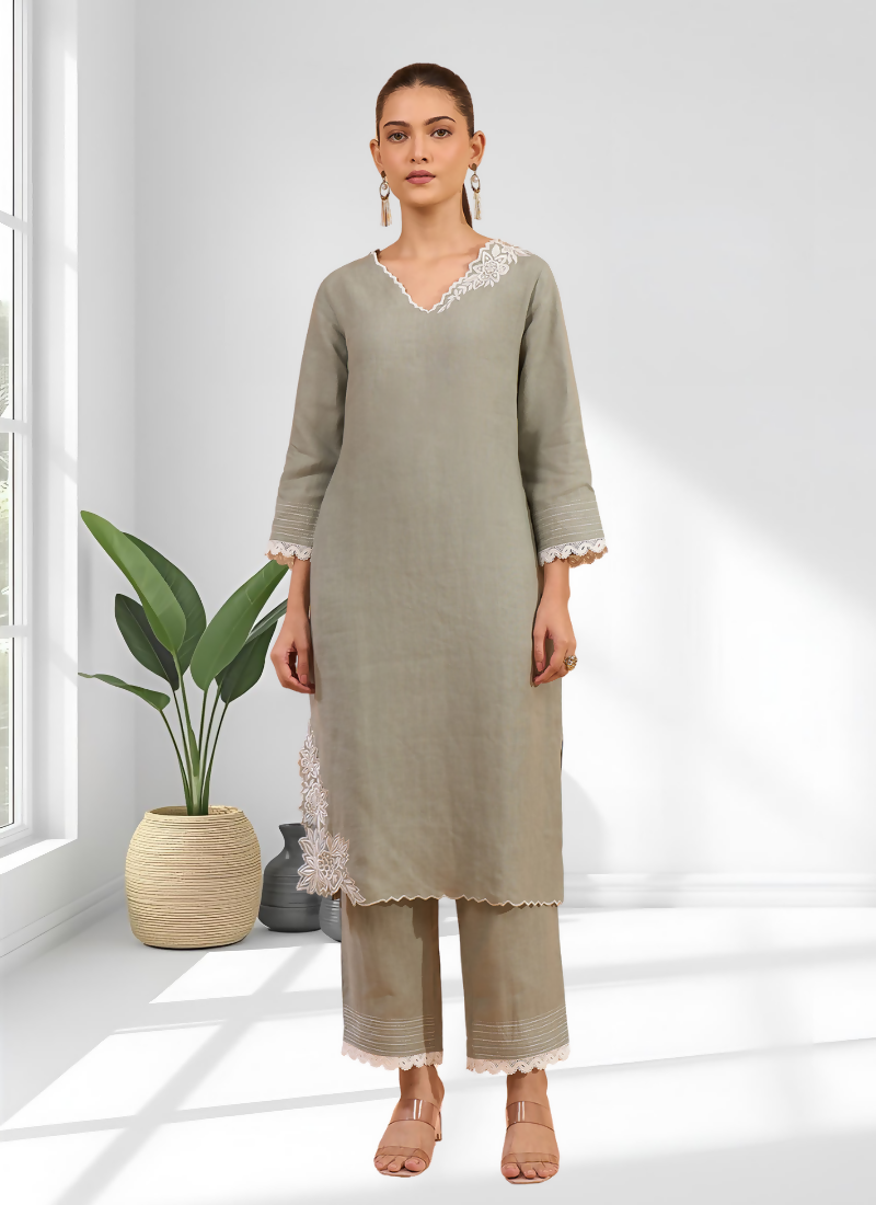 Joban Fashion Gray Linen Embroidered Readymade Long Kurta With Pant - Distacart