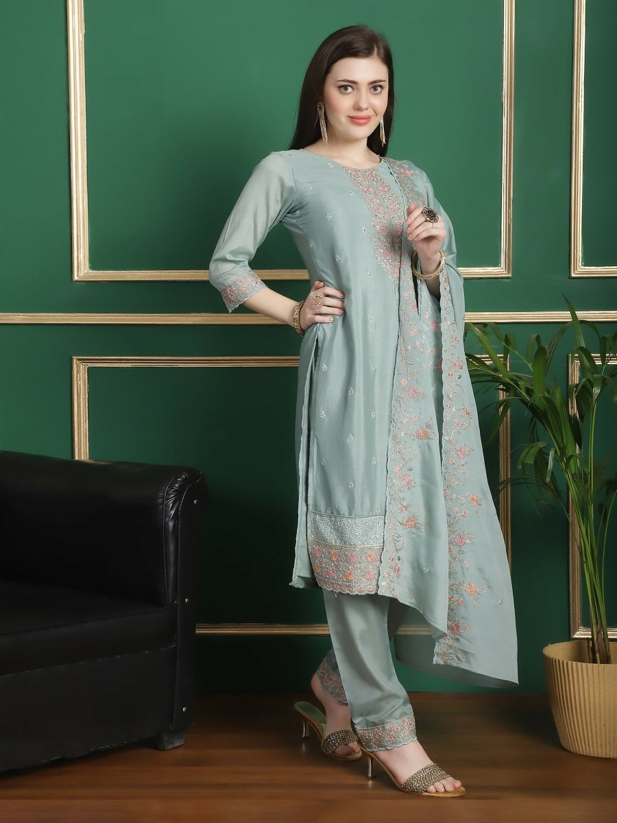 Aastha Fashion Women's Turquoise Chinon Chiffon Floral Embroidery with Cording & Crystal Work Designer Straight Suit Set - Distacart