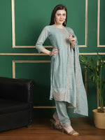 Thumbnail for Aastha Fashion Women's Turquoise Chinon Chiffon Floral Embroidery with Cording & Crystal Work Designer Straight Suit Set - Distacart