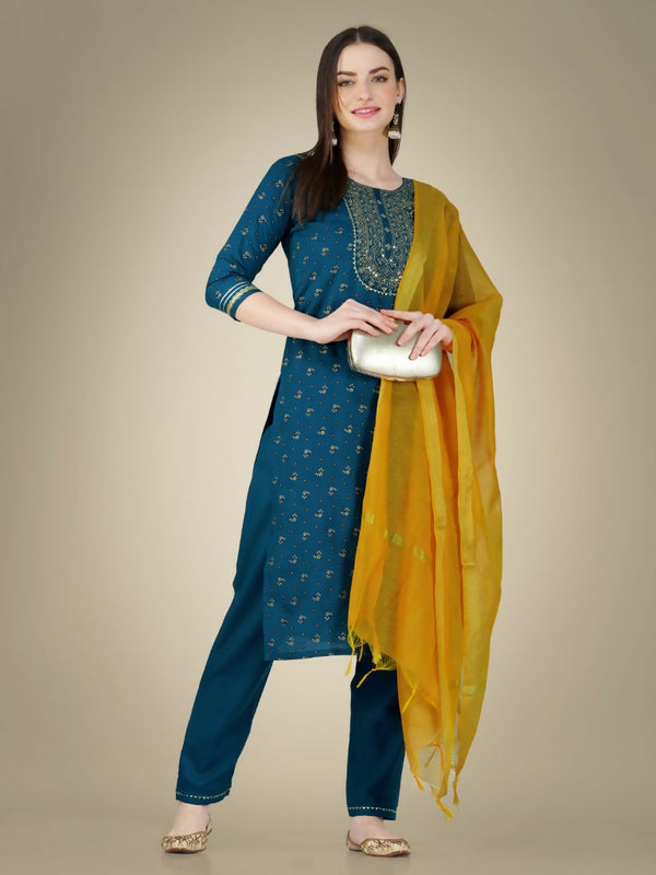 Jyoti Fashion Women's Morpich Cotton Magic Slub Embroidery & Sequence work Kurta with Trouser & Dupatta - Distacart