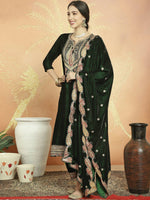 Thumbnail for Aastha Fashion Women's Green Velvet Cording with Resham Thread & Sequin Kurta with Trouser & Dupatta - Distacart