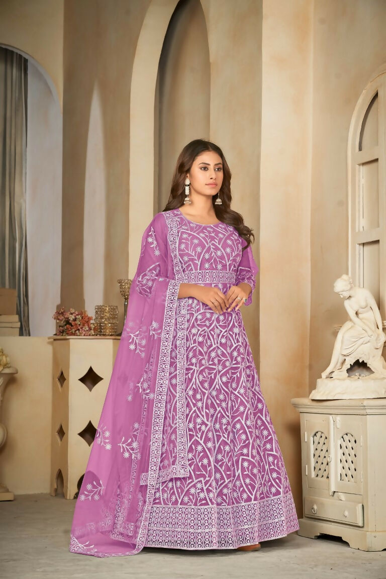 Jyoti Fashion Women's Purple Net Embroidered Anarkali Kurta Pant Set With Dupatta - Distacart