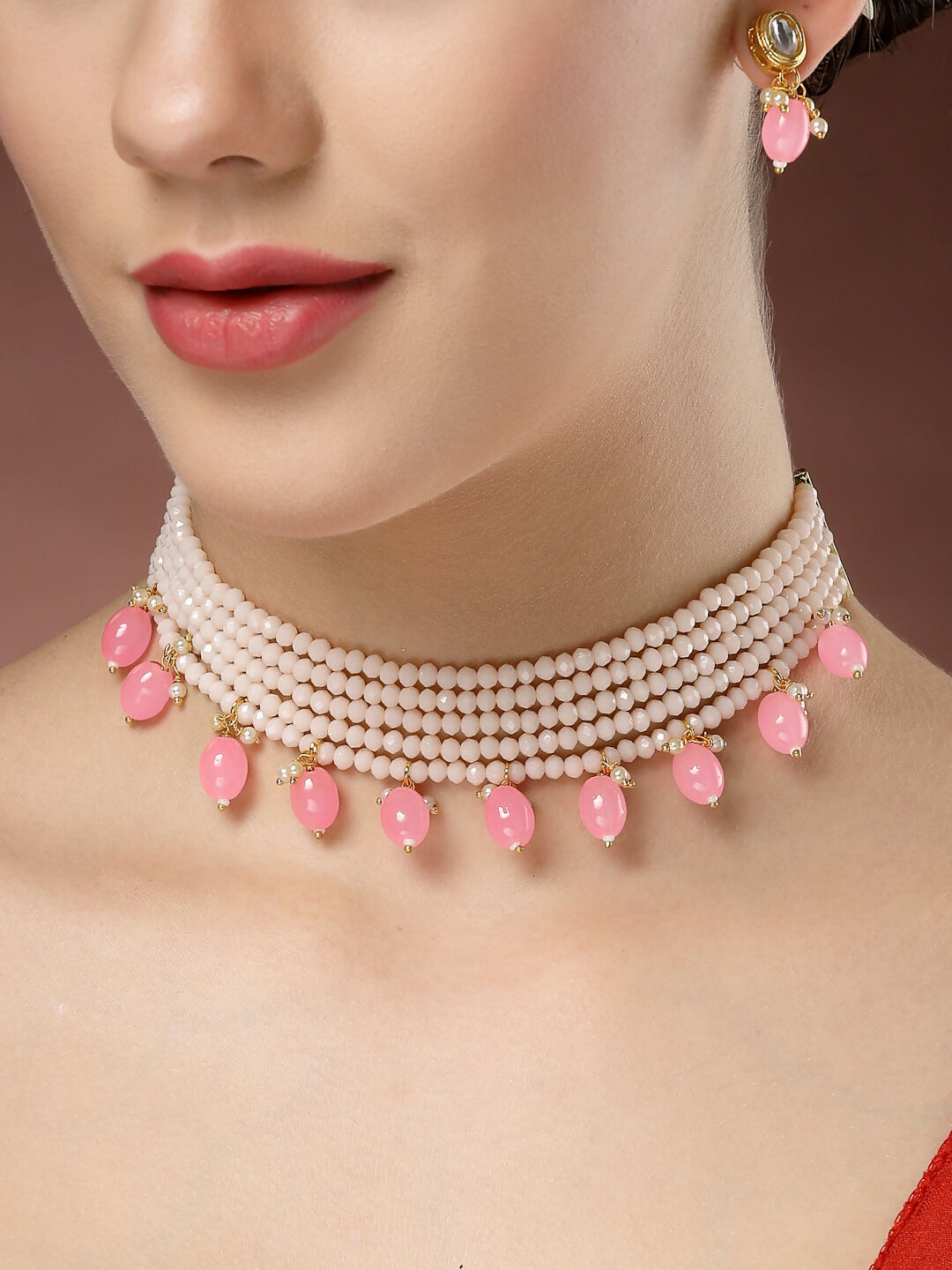NVR Women's Pink Artificial Beads Layered Necklace with Drop Earring - Distacart