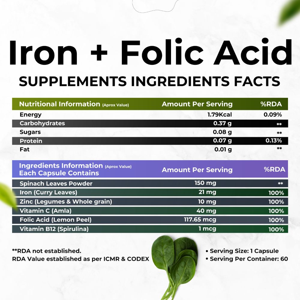 Health Veda Organics Iron + Folic Acid Capsules - Distacart