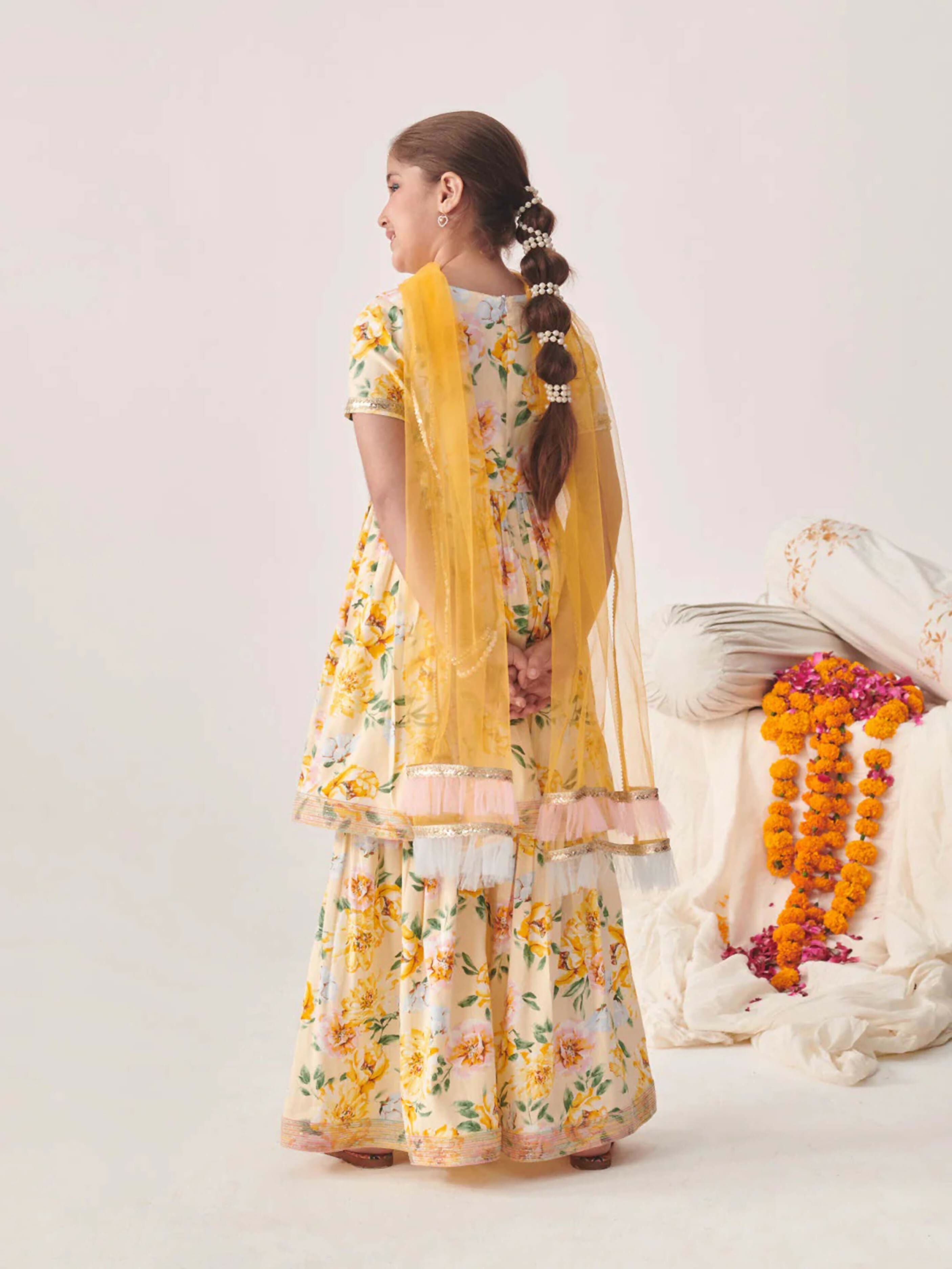 Joban Fashion Girl's White & Yellow Color Sharara Set