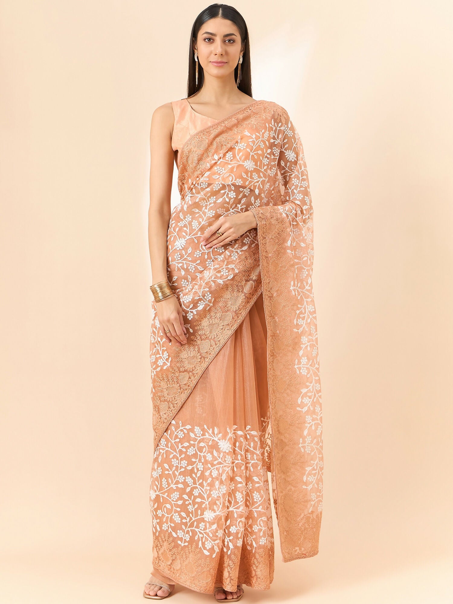 Peach Organza Floral Embroidered Saree with Unstitched Blouse Piece - Roozal - Distacart
