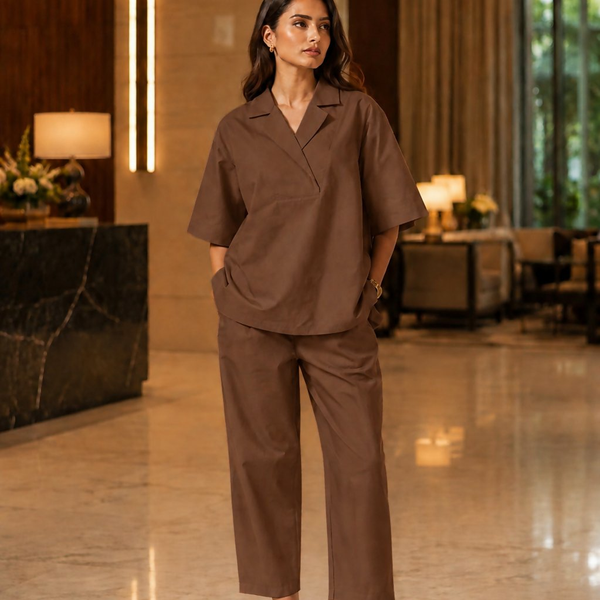Aayaa Designer Pure Cotton Cord Set-Brown - Dista