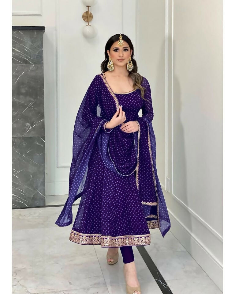 Teeya Creation Purple Color Bandhani Print With Embroidery Work Functional Wear Gown