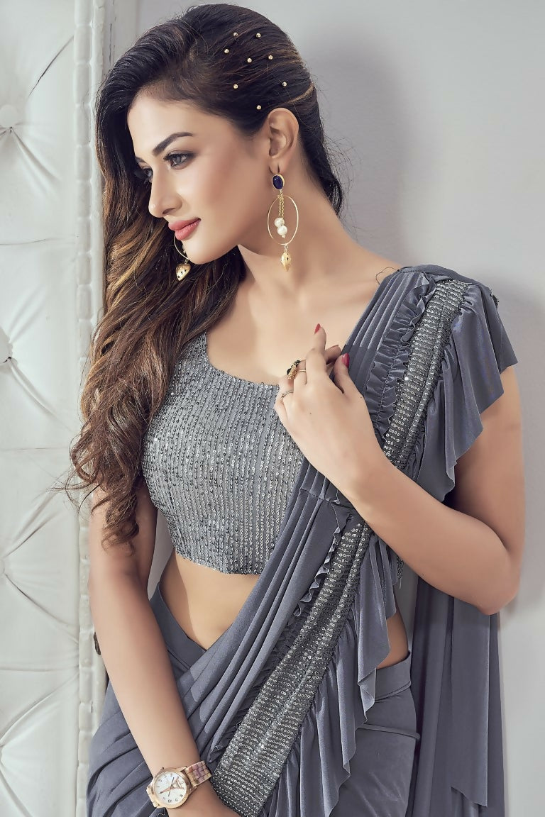 Mahotsav Women's Grey Lycra Embellished Ready To Wear Saree With Stitched Blouse - Distacart