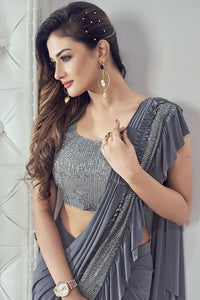 Thumbnail for Mahotsav Women's Grey Lycra Embellished Ready To Wear Saree With Stitched Blouse - Distacart