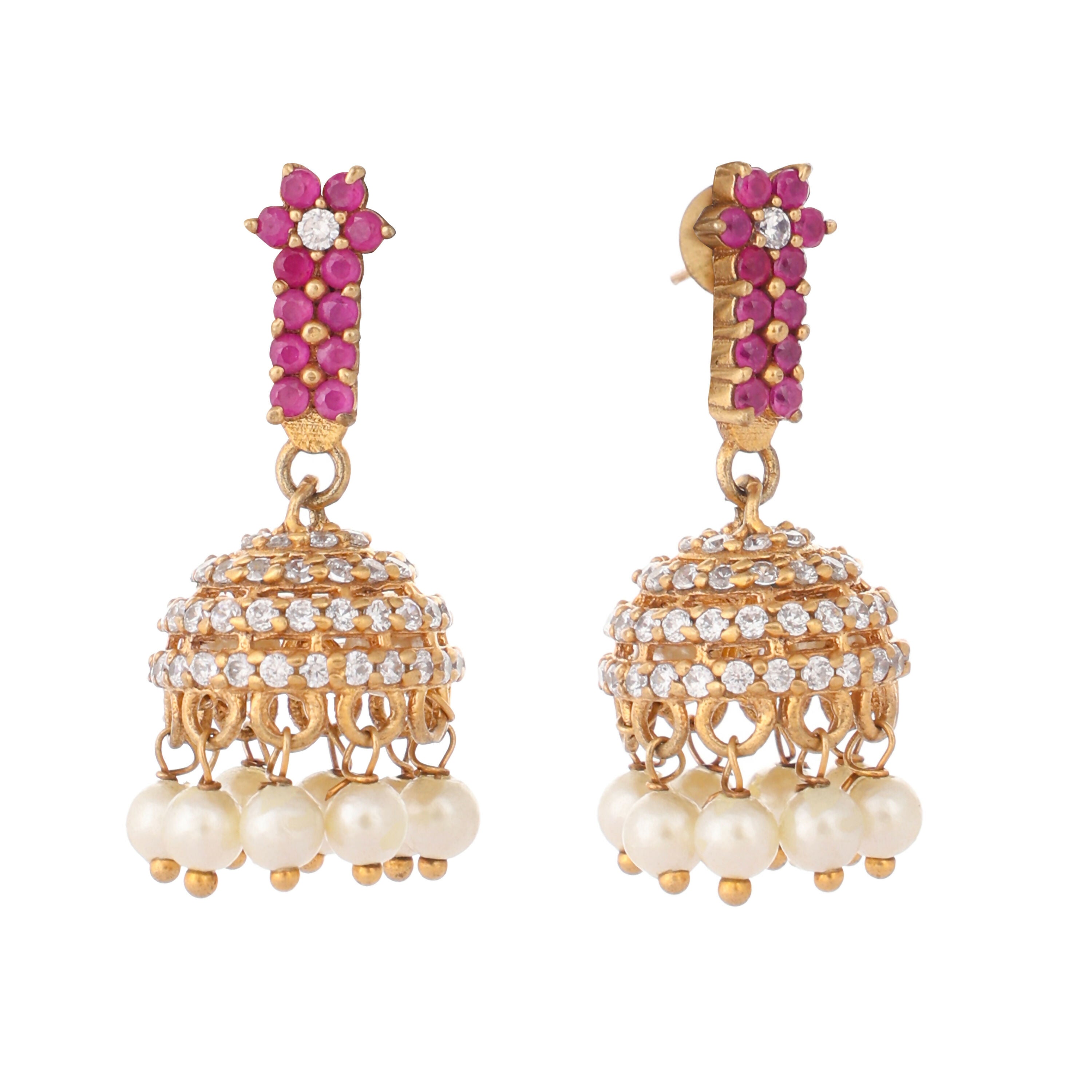 Nuyug 22K Gold Plated Pearl 7 Colored Stone Studded Contemporary Shaped Pink Mini Jhumkas
