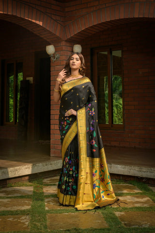 Jyoti Fashion Women's Black Paithani Silk Zari Woven Saree with Blouse - Distacart