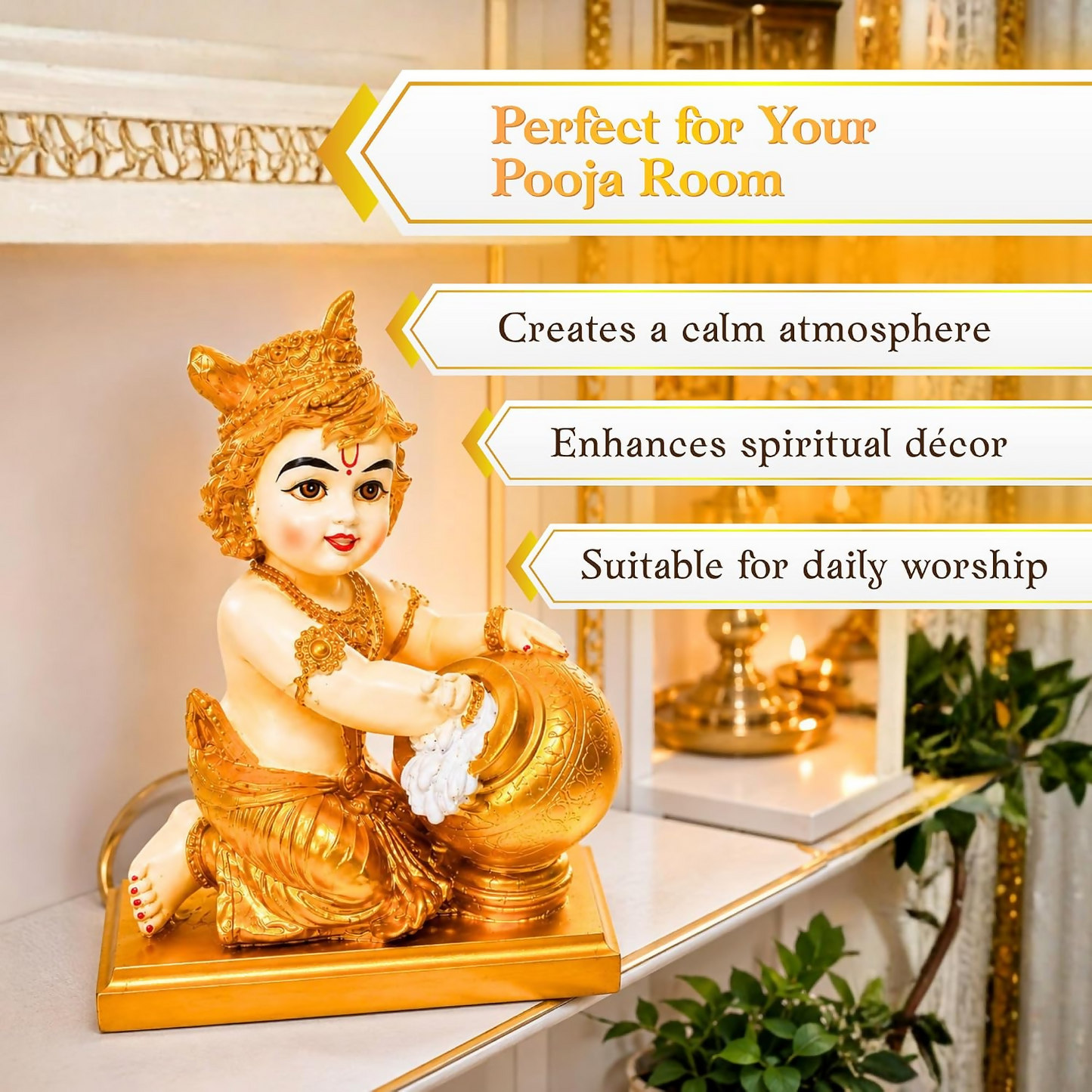 Bal Krishna Idol with Butter Pot - Gold - Dista