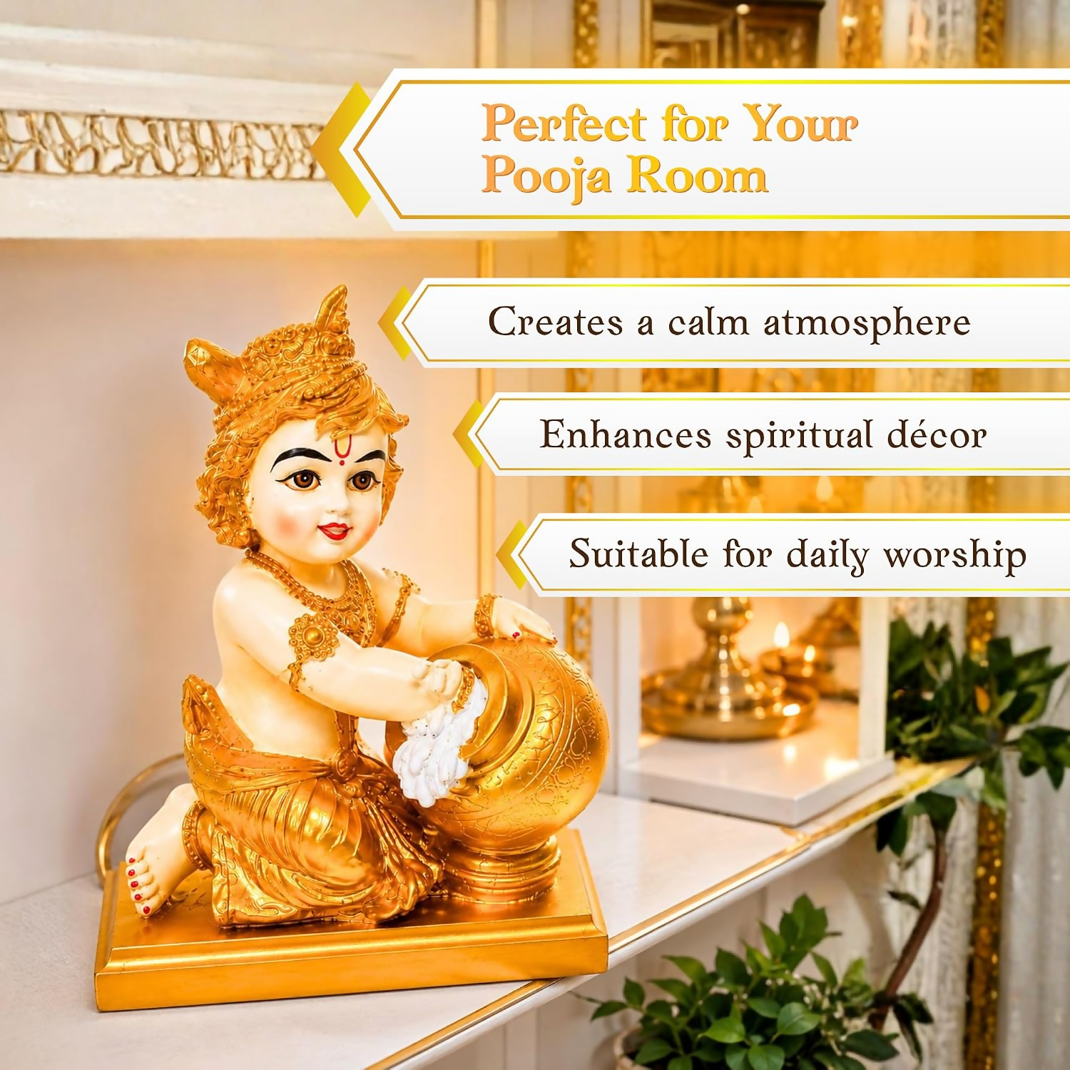 Bal Krishna Idol with Butter Pot - Gold - Dista