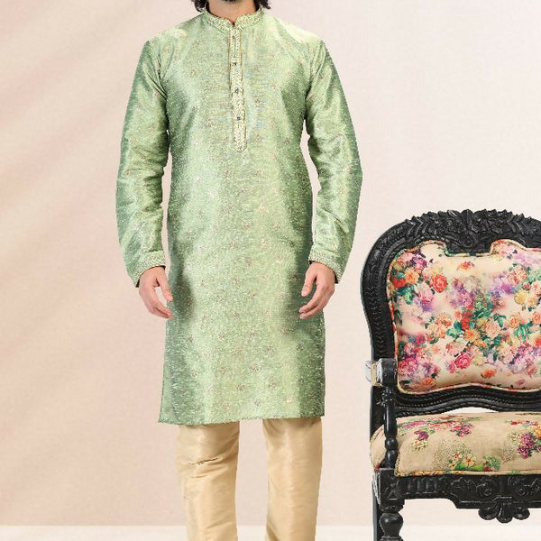 Raivat Ethnic Jacquard Banarasi Silk Pintux Work Kurta Pajama In Green Colour - Distacart