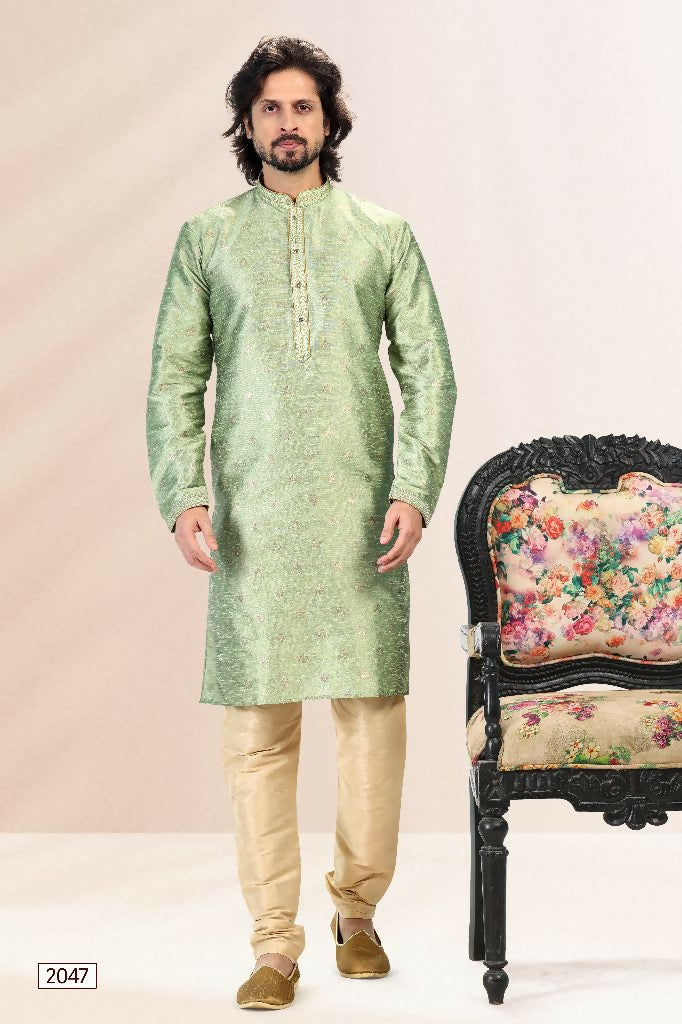 Raivat Ethnic Jacquard Banarasi Silk Pintux Work Kurta Pajama In Green Colour - Distacart