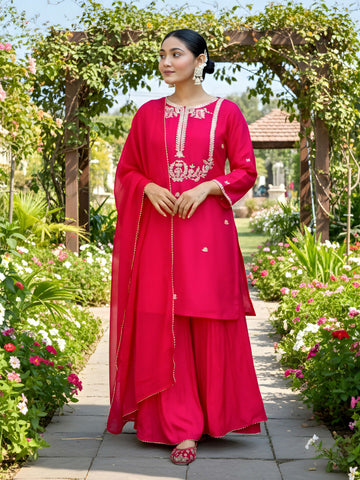 The52 Women's Gorgeous Embroidery Work Viscose Silk Fabric Straight Kurta Palazzo and Dupatta Set-Red - Dista
