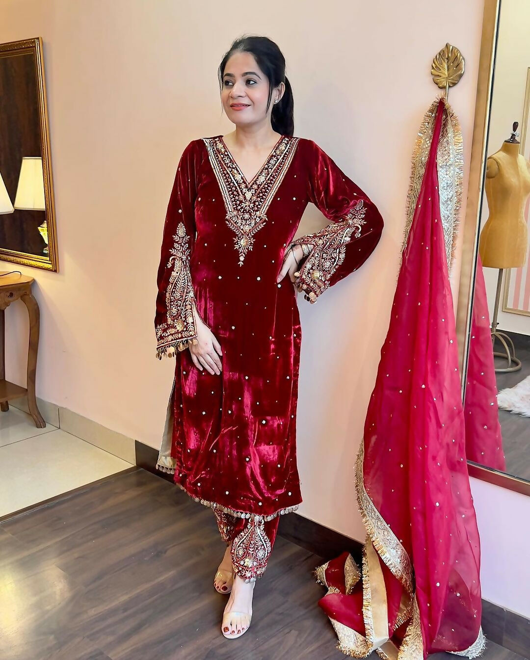 Joban Fashion Deep Maroon Velvet Embroidery Kurta Set