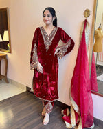 Thumbnail for Joban Fashion Deep Maroon Velvet Embroidery Kurta Set