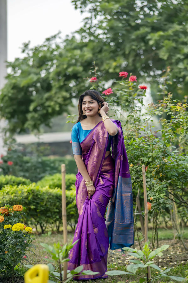 Vishnu Weaves Women's Purple Banarasi Silk Saree with Blouse - Distacart