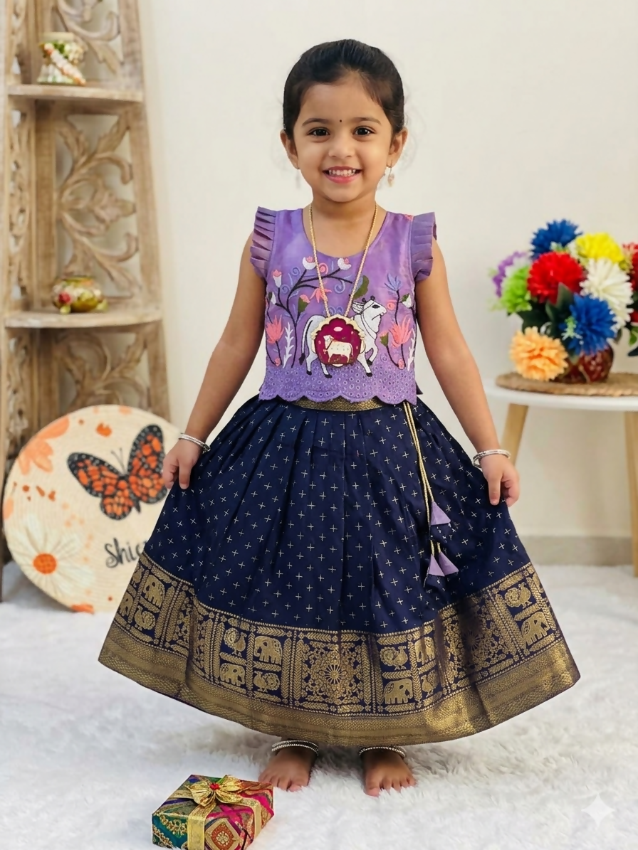 Teeya Creation New Stylish Girls Lavender & Navy Blue Silk Traditional Pichwai Art Lehenga Choli Set-Blue - Dista