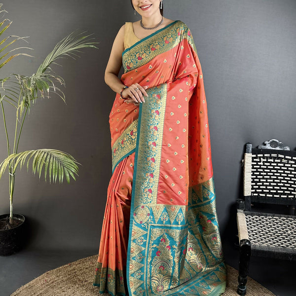Joban Fashion Coral Pink Intricate Motifs Soft Silk Banarasi Saree