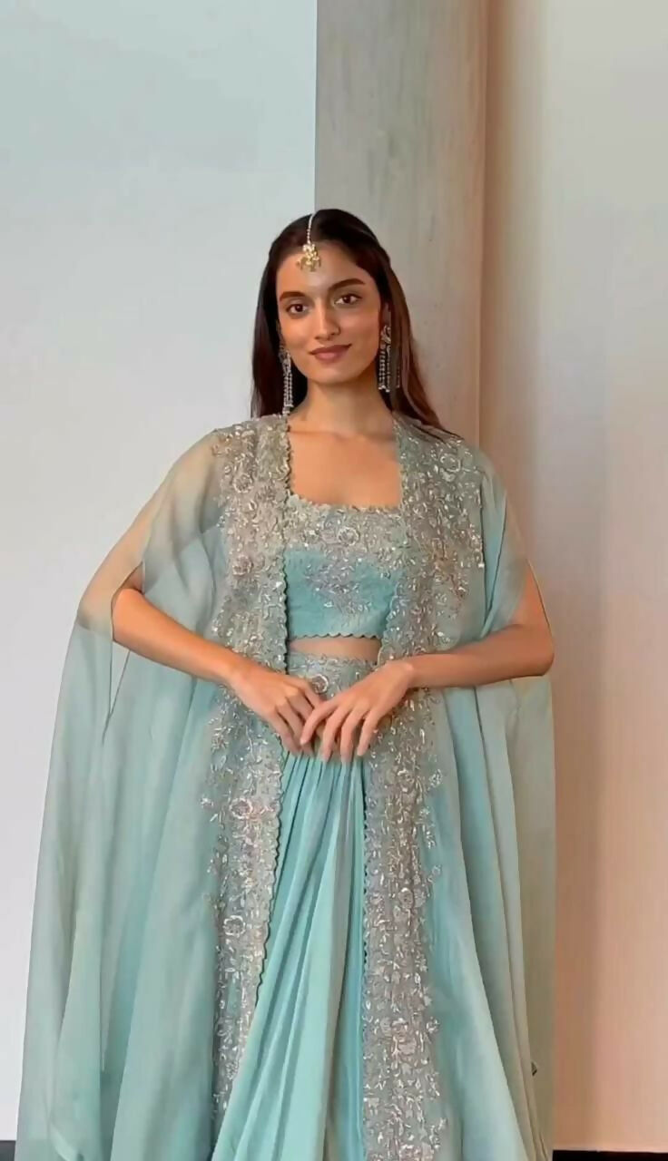 Jyoti Fashion Women's Sky Blue Chinon Sequins with Thread Embroidered Designer Lehenga Choli with Shrug Set - Distacart