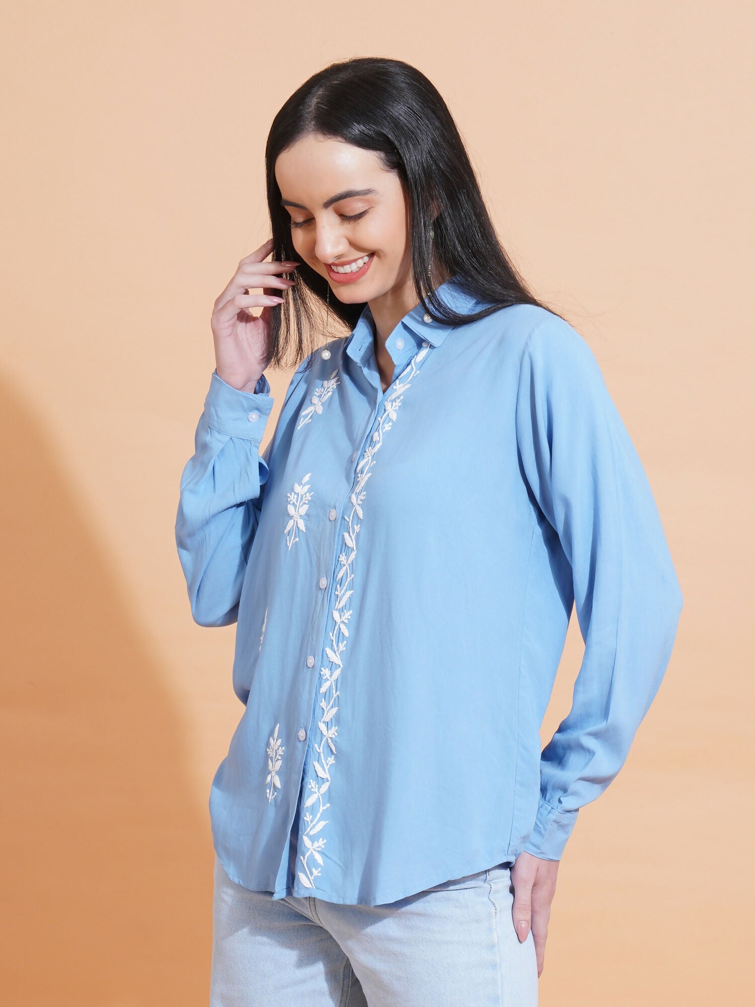 Pahnaz Modal Chikankari Handwork Shirt-Blue - Dista