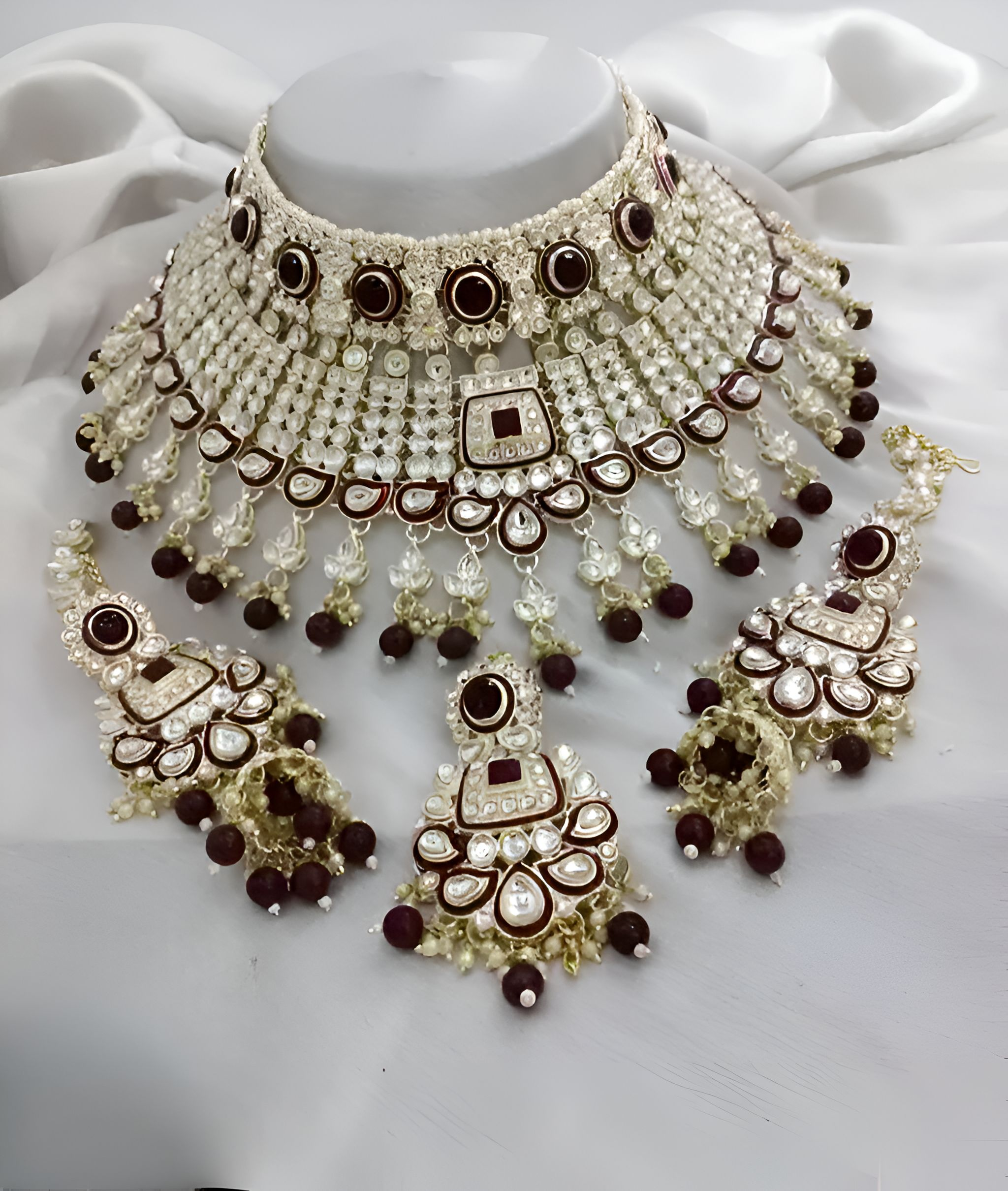 Jewel City Royal Maroon Kundan Choker Necklace Set Bridal Polki Jewelry with Pearl for Wedding, Karwa Chauth & Festive Occasions