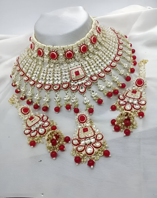Jewel City Royal Ruby Red Kundan Choker Necklace Set Bridal Polki Jewelry with Pearl for Wedding, Karwa Chauth & Festive Occasions