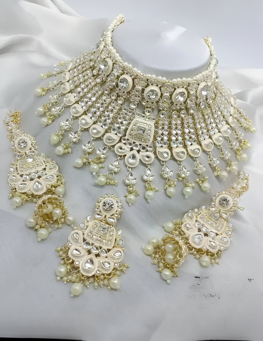 Jewel City Ivory Pearl Kundan Choker Set - Luxury Bridal Polki Necklace with Chandelier Earrings for Wedding & Special Occasions