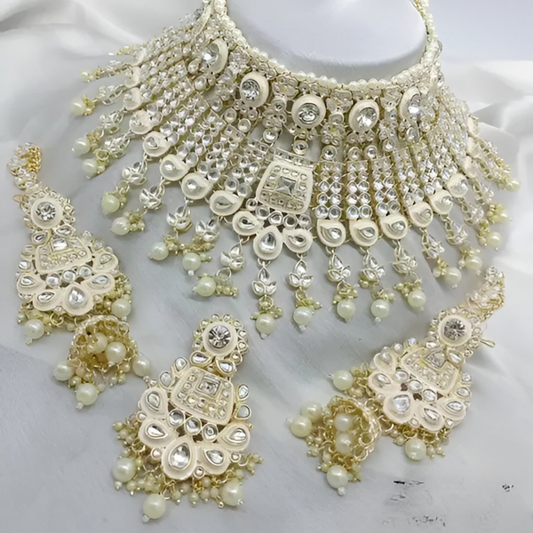 Jewel City Ivory Pearl Kundan Choker Set - Luxury Bridal Polki Necklace with Chandelier Earrings for Wedding & Special Occasions