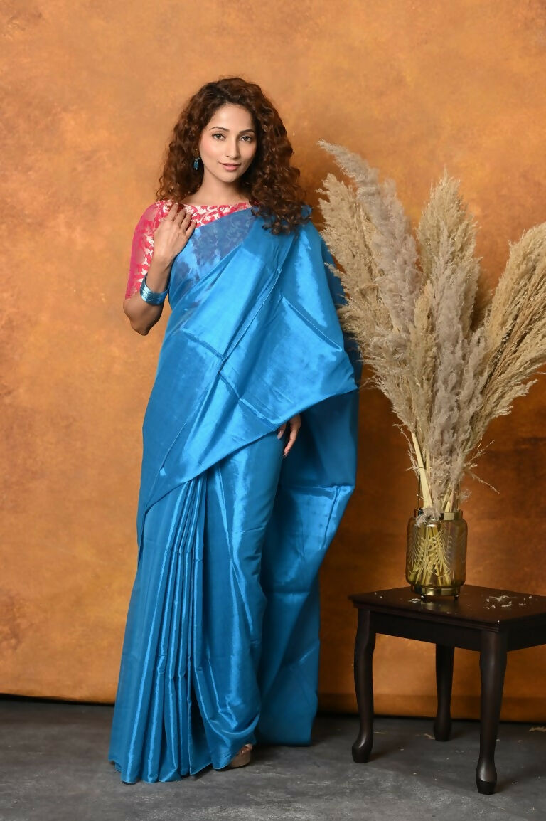 Very Much Indian Fusion Cotton Tissue Shimmer Saree - Light Blue - Distacart
