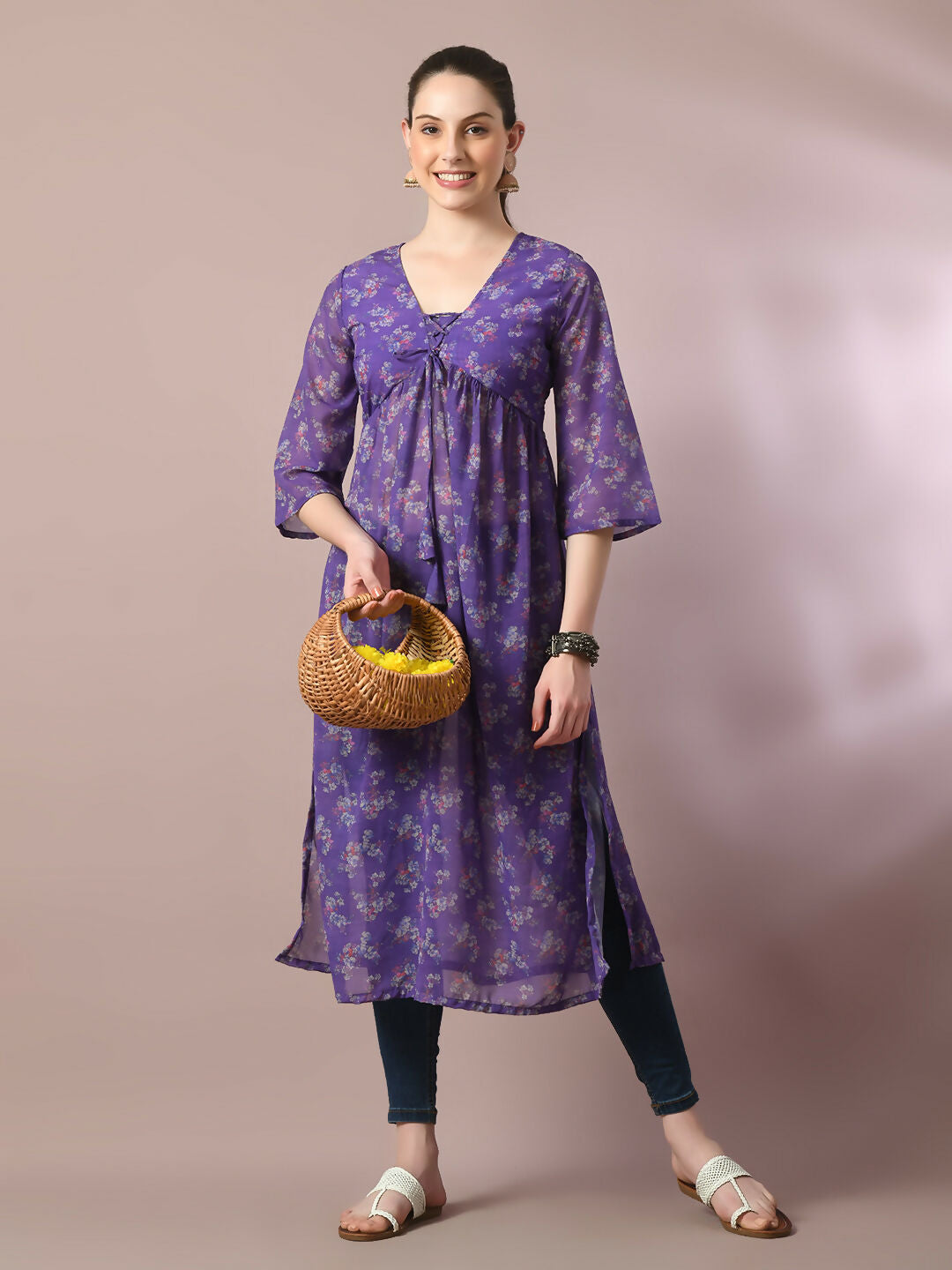 Myshka Women's Purple Printed Georgette A-Line Nyra-cut Kurta - Distacart