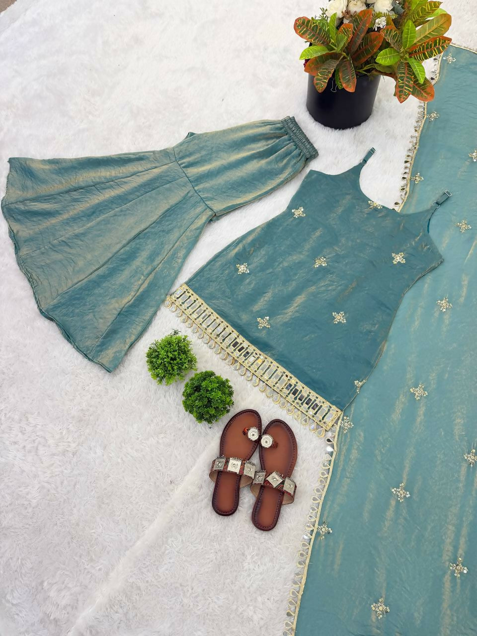 Teeya Creation Womens Trending Heavy Embroidery Sequence Work Kurta Sharara Set - Teal - Dista
