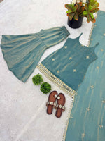 Thumbnail for Teeya Creation Womens Trending Heavy Embroidery Sequence Work Kurta Sharara Set - Teal - Dista