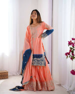 Thumbnail for The52 Women's Beautiful Chinon silk Fabric Embroidery Work Straight Kurta Palazzo and Dupatta Set - Distacart